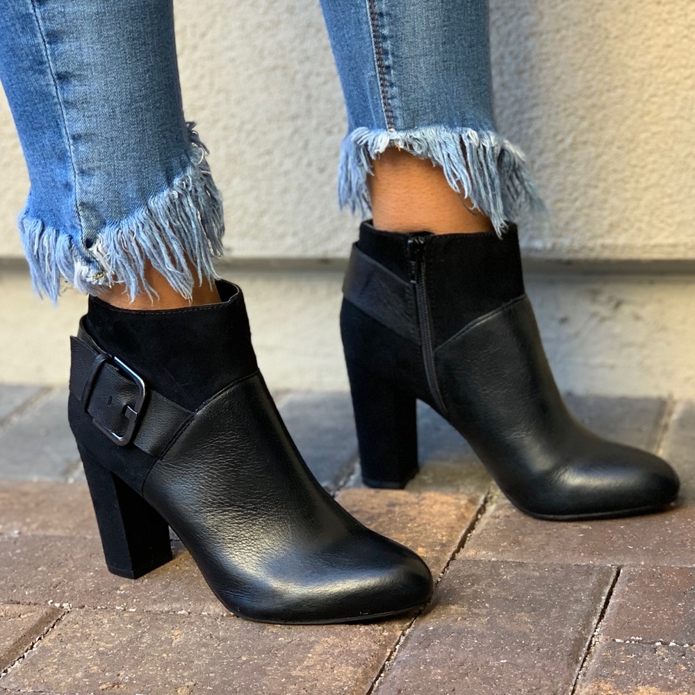 Black Leather Chunky High Heel Buckle Ankle Boots